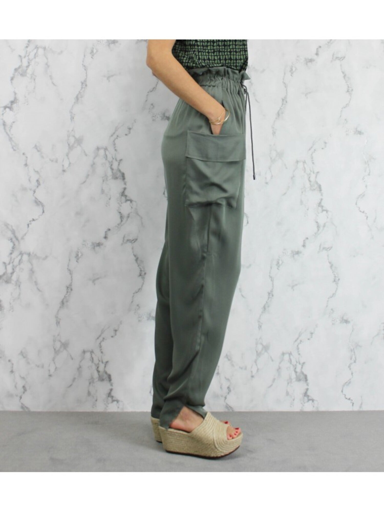 EMPORIO ARMANI Womens Green Stretch Pocketed Ruffled Elastic-waist Paperbag Pants