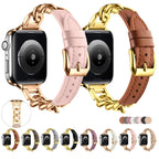 For Apple Watch Series 10 42mm Chain Genuine Leather Watch Band, Size: S(Rose Gold Apricot)