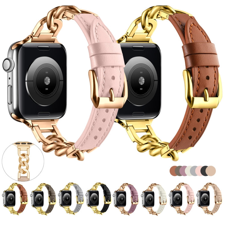 For Apple Watch Series 10 42mm Chain Genuine Leather Watch Band, Size: S(Rose Gold Apricot)