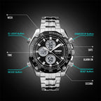skmei-1302-fashion-men-leisure-wrist-watch-multifunctional-dual-time-sports-digital-watch-with-stainless-steel-watchband-30m-waterproof-silver-black